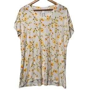 Kuotai Womens XXL V-Neck Floral T-Shirt White Yellow Orange Rayon Spandex Top